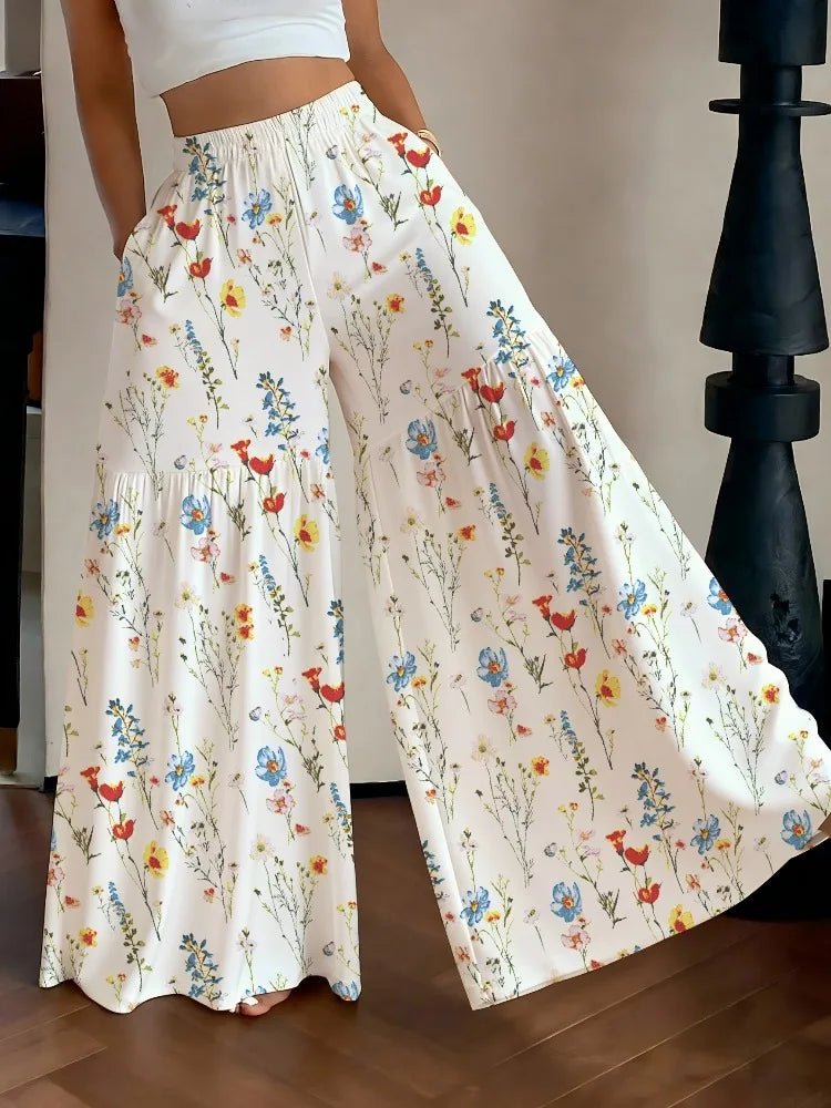 Women's Casual Loose Wide-Leg Pants Summer Fashion Floral Print High Waist Trousers
