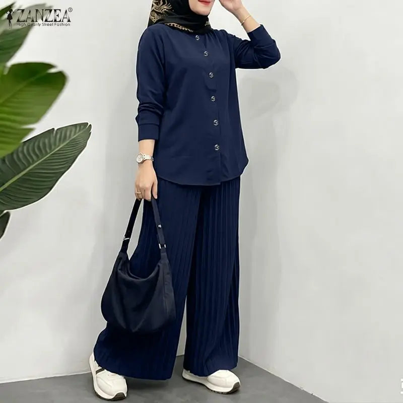 ZANZEA Women Muslim 2 Pieces Sets Casual O Neck Long Sleeve Buttons Up Blouse Wide Leg Pleated Pants Sets Ramadan Hijab Outfits