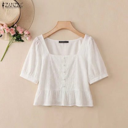 ZANZEA Embroidered Fabric Cropped Blouses Woman Square Neck Short Puff Sleeve Peplum Tops Summer Daily Casual Blusas de Mujer