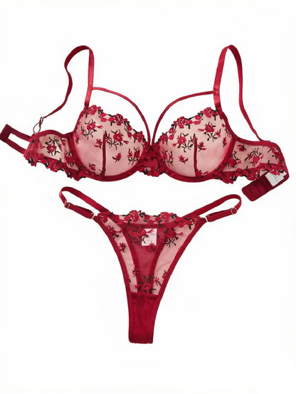 Vintage Wine Red Floral Lace Lingerie Set Thin Double Straps Sheer Transparent Mesh Bra Adjustable Briefs Boudoir