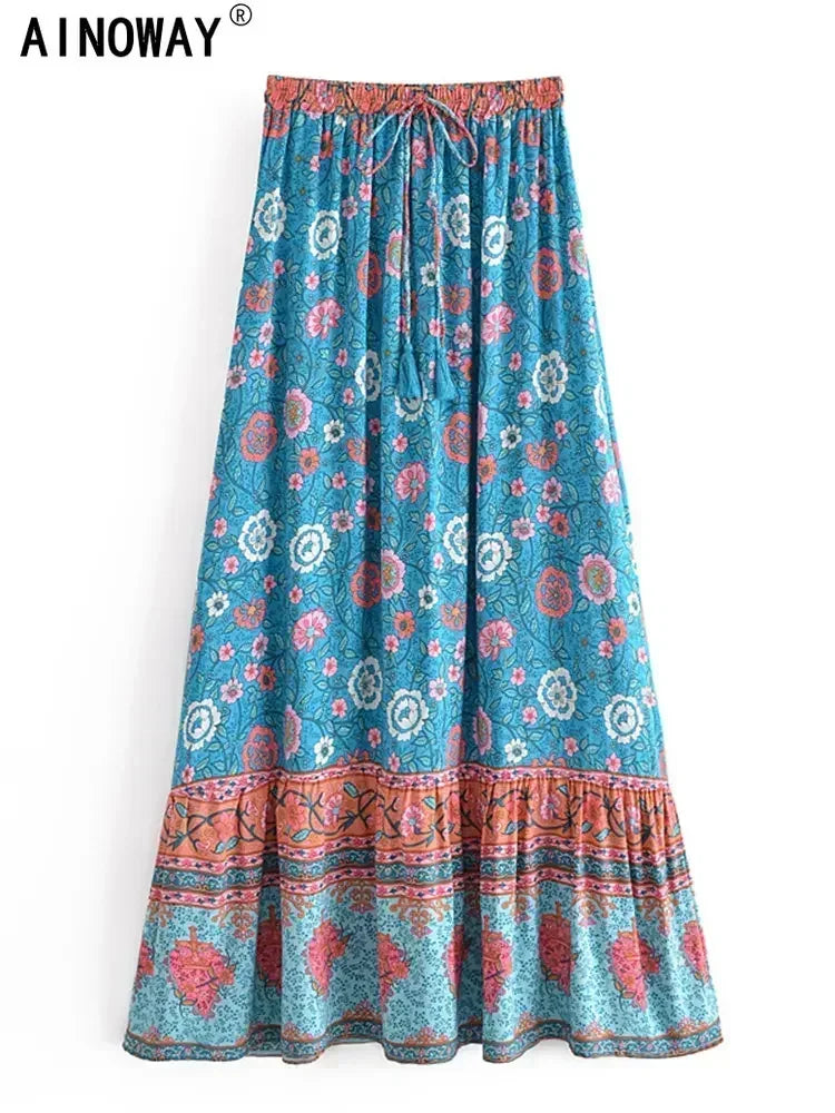 Vintage Chic Hippie Women Floral Print  Lace-up Tassel Beach Bohemian Skirt Lady Elastic Waist A-Line Vacation Boho Maxi Skirts