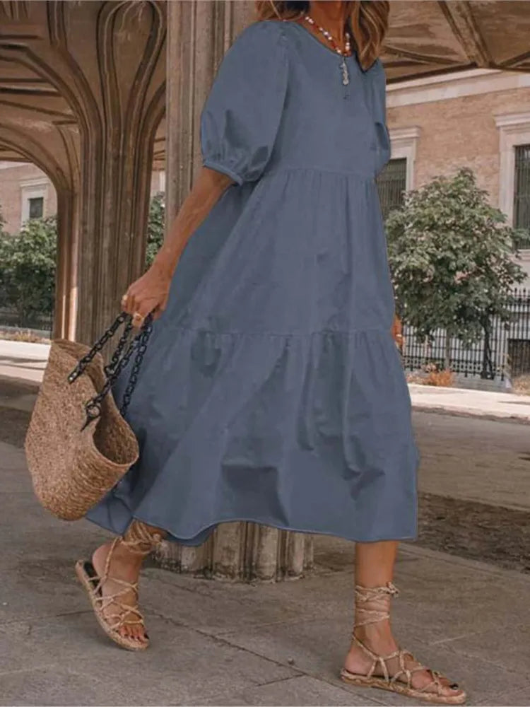 Summer New Solid Color Short Sleeved Loose For Women's Dresses Fashion Casual Patchwork Retro Beach Holiday Maxi Female Sundress