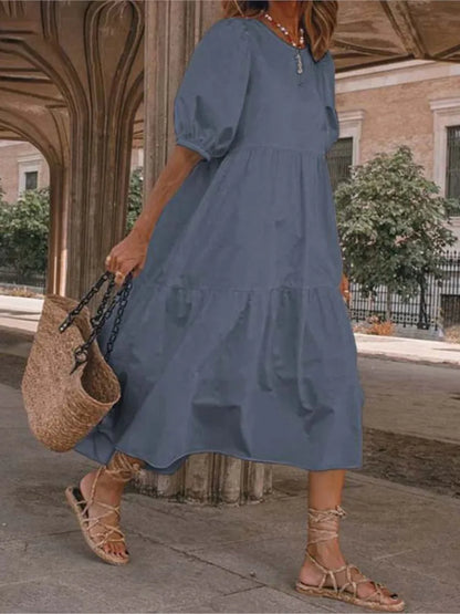Summer New Solid Color Short Sleeved Loose For Women's Dresses Fashion Casual Patchwork Retro Beach Holiday Maxi Female Sundress