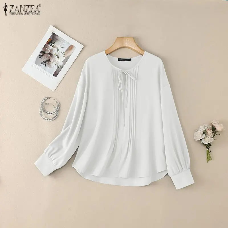 ZANZEA Woman Pintuck Details White Blouses Elegant Lace-Up V-Neck Long Sleeve Top Spring Summer Casual Loose Blusas de Mujer 3XL