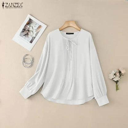 ZANZEA Woman Pintuck Details White Blouses Elegant Lace-Up V-Neck Long Sleeve Top Spring Summer Casual Loose Blusas de Mujer 3XL