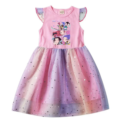 K-Pop Hunters Rumi Baby Girls Dress Children Cartoon Mesh Star Sequins Princess Dress Kids Flying Sleeve Skirt For Birthday Gift