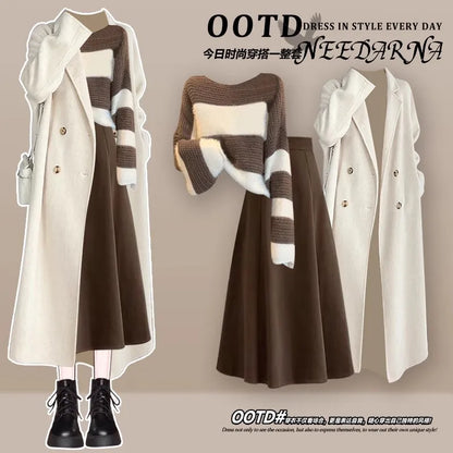 Fashion Women's Set Spring and Autumn Korean Edition Long Top Knitted Sweater+Casual Skirt Pants 3-Piece Set