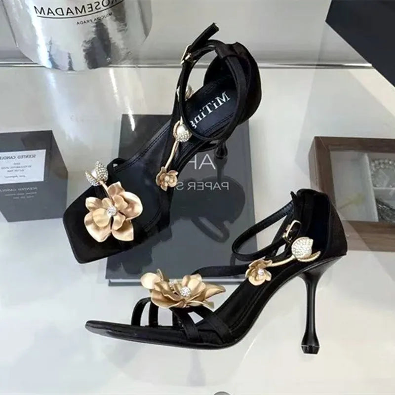 Luxury Gold Flower Decoration Ankle-Wrap Heeled Sandals Women Summer Sexy Square Toe High Heels Elegant Banquet Wedding Shoes