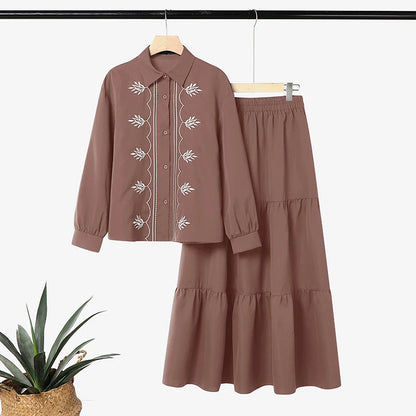 ZANZEA Women Muslim Two Piece Set Vintage Floral Embroidered Long Sleeve Button Blouse Tiered Maxi Skirt Modest Islamic Clothing