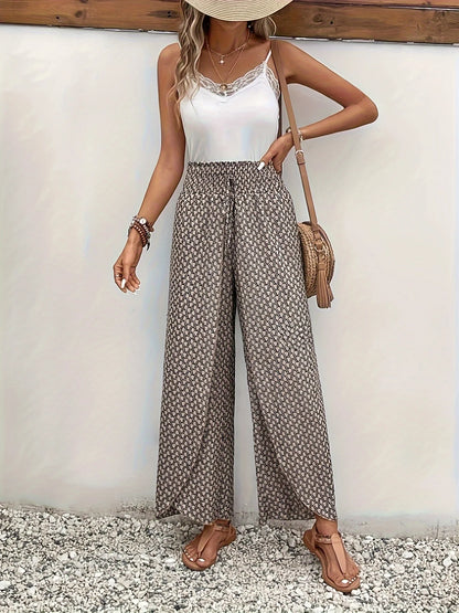Spring Summer Women Elegant Wide Legs Pants Casual Vacation Beach Print Trousers Office Lady Loose High Waist Pants