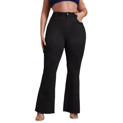 Plus Size Women's Jeans Black High Waist Wide Leg Denim Pants Mid Rise Full Length Bottom Jeans Raw Hem Flared Jeans for Woman