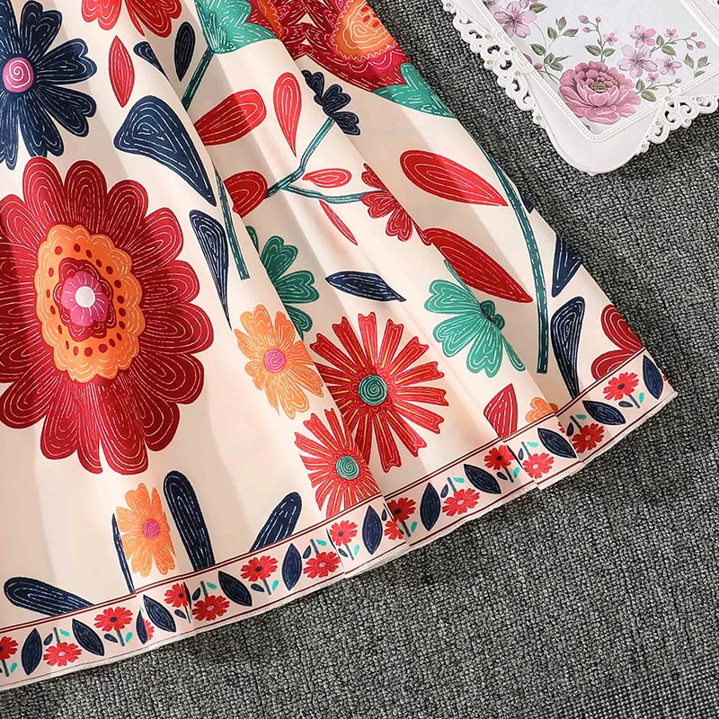 Girls 8-12 Vibrant Floral Dress, Front Spaghetti Straps Square Neck A-Line Skirt/Back Smocked Waist, Casual Kids Dress