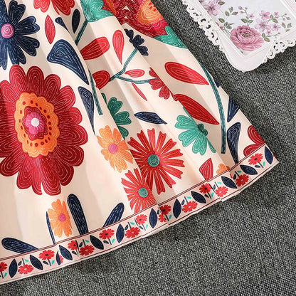 Girls 8-12 Vibrant Floral Dress, Front Spaghetti Straps Square Neck A-Line Skirt/Back Smocked Waist, Casual Kids Dress