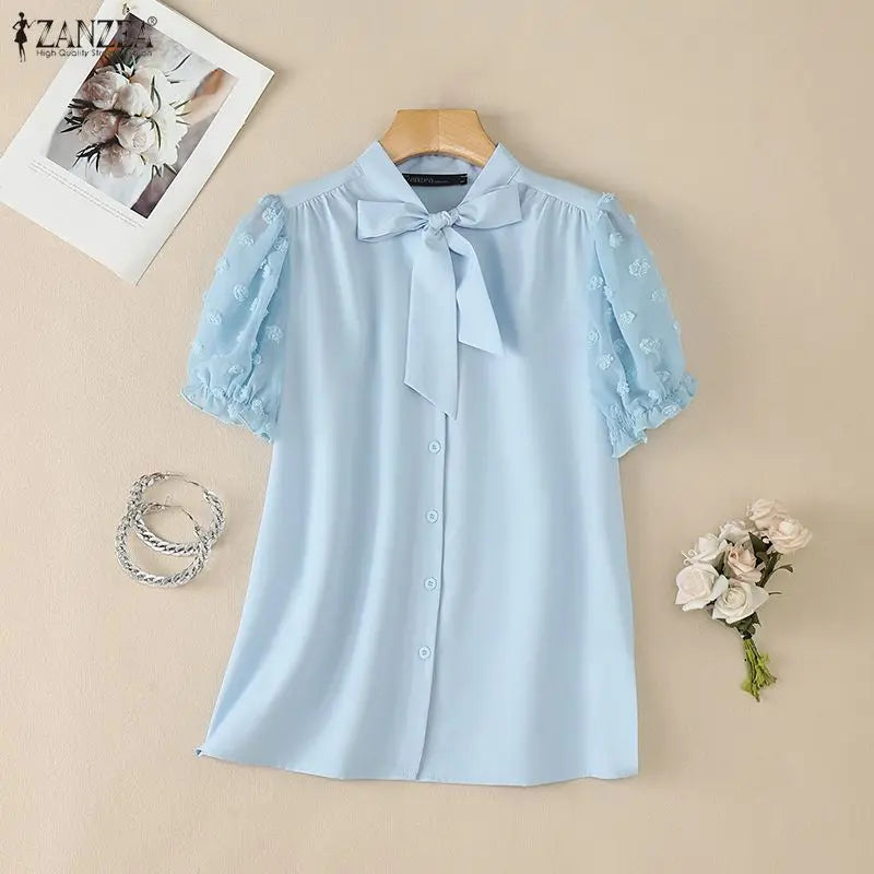 ZANZEA 2026 Summer Fil Coupe Shirts Women Elegant Tie-Neck Short Puff Sleeve Solid Color Button Up Tops Commute Work Camisas