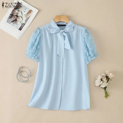 ZANZEA 2026 Summer Fil Coupe Shirts Women Elegant Tie-Neck Short Puff Sleeve Solid Color Button Up Tops Commute Work Camisas