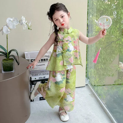 Fashion Chinese Tops Pants Girl Suit Casual Costume Kids Clothes Baby Outfit Summer Two-piece Set Girls Hanfu Children's Sets
