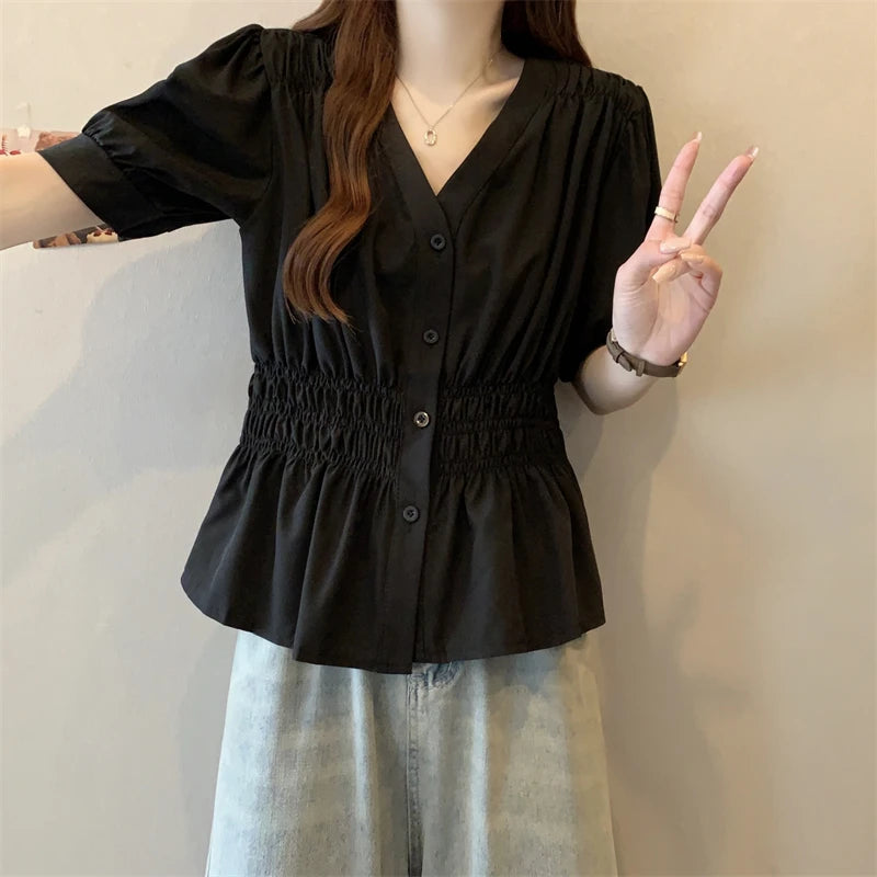 Elastic waist cinching and slimming summer shirt, women's short sleeved solid color top, new minimalist V-neck French style top