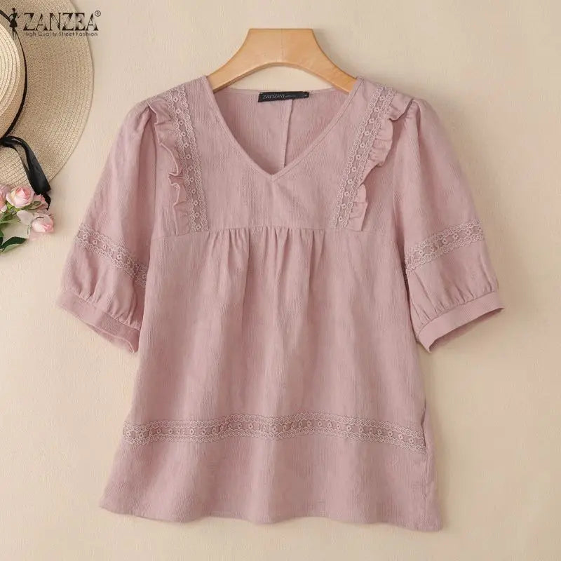 ZANZEA Women Blouse Lace Patchwork Tops Ruffles Tee Casual Summer V Neck Puff Half Sleeve Blusas OL Work Party Tunic Streetwear