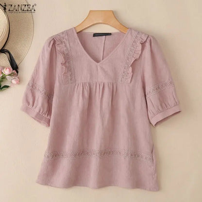 ZANZEA Women Blouse Lace Patchwork Tops Ruffles Tee Casual Summer V Neck Puff Half Sleeve Blusas OL Work Party Tunic Streetwear