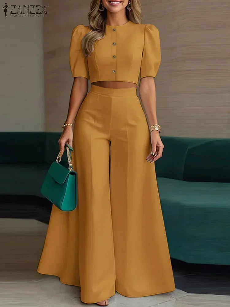 2025 ZANZEA Fashion Summer Outfits Women 2 Piece Sets Short Puff Sleeve Crop Tops Wide Leg Trousers Suit 2PCS Work OL Tracksuits