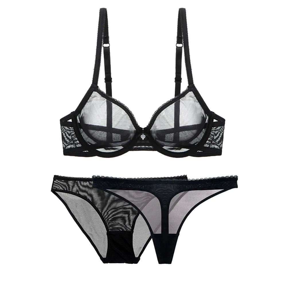 Ultra-thin Cup Mesh Lace Underwear Transparent Unlined 1 Bra+2 Panties Plus Size Bra Set For Ladies