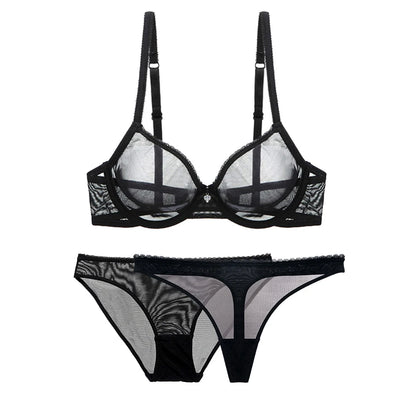 Ultra-thin Cup Mesh Lace Underwear Transparent Unlined 1 Bra+2 Panties Plus Size Bra Set For Ladies