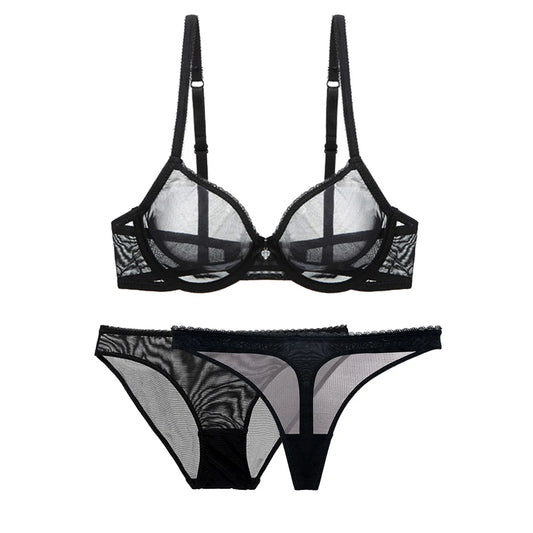 Ultra-thin Cup Mesh Lace Underwear Transparent Unlined 1 Bra+2 Panties Plus Size Bra Set For Ladies