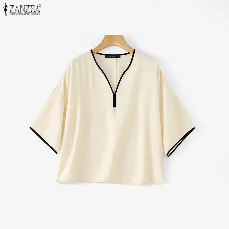 ZANZEA Woman Casual Blouses Contrast-Trim V-Neck 3/4 Sleeve Loose Tunic Tops Autumn 2026 Minimalist Daily Wear Blusas Mujer