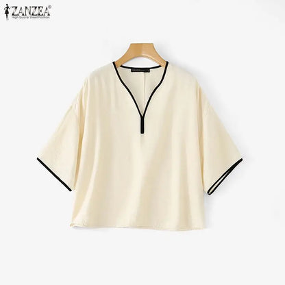 ZANZEA Woman Casual Blouses Contrast-Trim V-Neck 3/4 Sleeve Loose Tunic Tops Autumn 2026 Minimalist Daily Wear Blusas Mujer