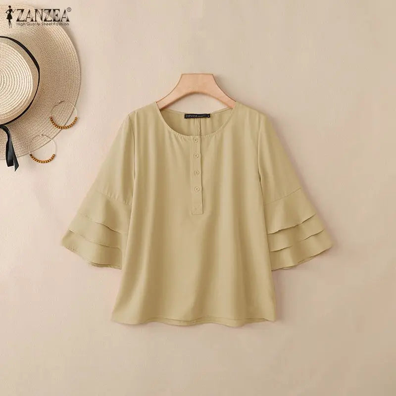 ZANZEA Women Blouse 3/4 Sleeve Tunic Top Ruffles Sleeve Elegant Office Casual O-Neck Button Solid Summer Blusas Oversize
