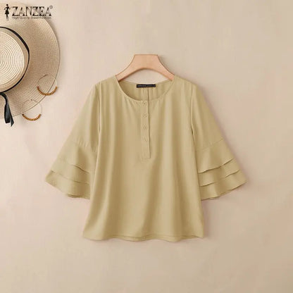 ZANZEA Women Blouse 3/4 Sleeve Tunic Top Ruffles Sleeve Elegant Office Casual O-Neck Button Solid Summer Blusas Oversize