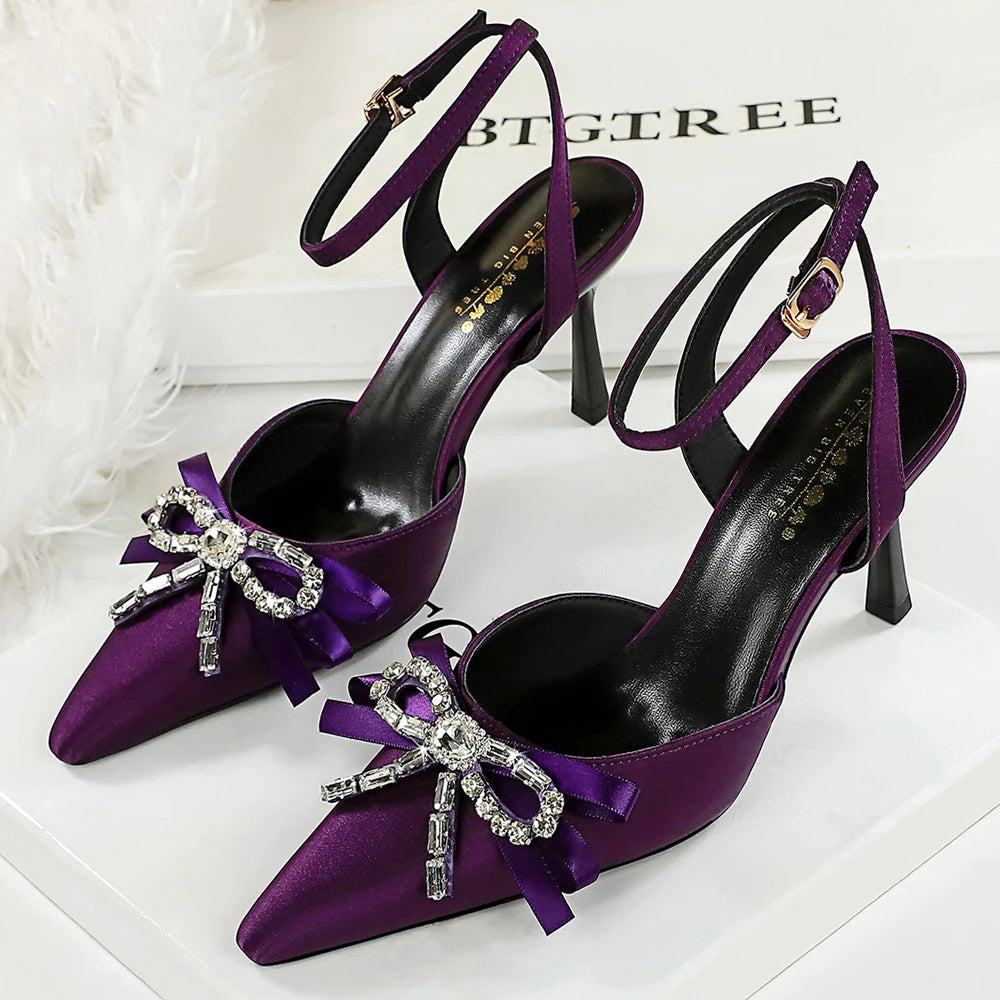 BIGTREE Shoes High-Heeled Sandals Women Shoes Summer Rhinestone Bowknot Women Pumps Silk Pointed Stiletto Heels 8 cm Sandals