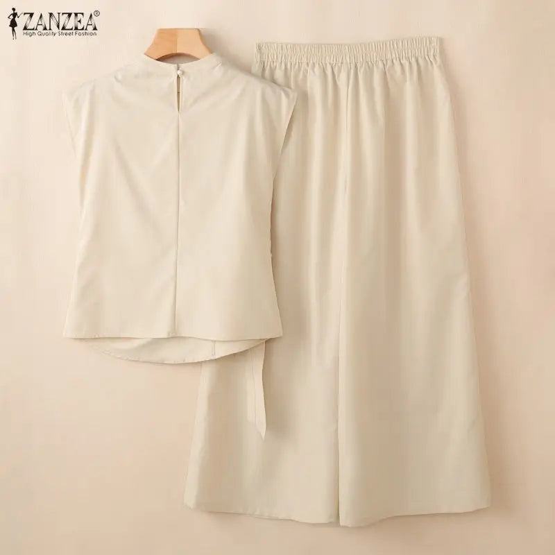 Fashion Women 2 Piece Sets ZANZEA Summer Trousers Suit Short Sleeve Lace-Up Blouse Wide Leg Pant Sets Solid Color OL Work Outfit