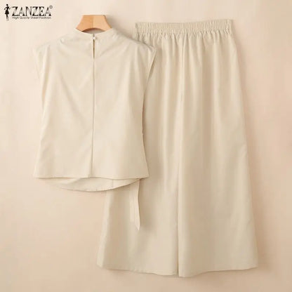 Fashion Women 2 Piece Sets ZANZEA Summer Trousers Suit Short Sleeve Lace-Up Blouse Wide Leg Pant Sets Solid Color OL Work Outfit