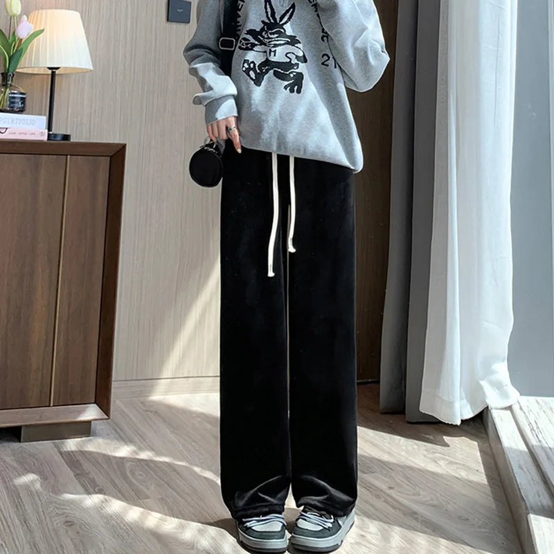 Women Wide Leg Corduroy Pants Autumn Winter Women Basic Elastic Waist Stright Long Pants Casual Female Long Pants Trousers