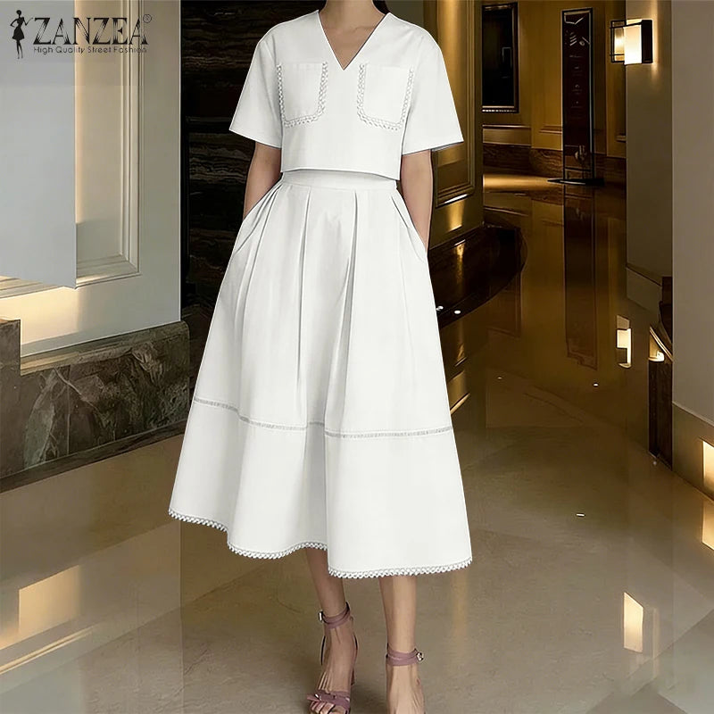2026 ZANZEA Summer Elegant V Neck Short Sleeve Blouse Dress Sets Stylish Women Outfits Elegant OL Work Suit Solid 2 Pieces Sets