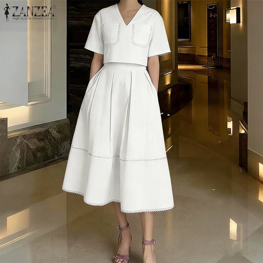 2026 ZANZEA Summer Elegant V Neck Short Sleeve Blouse Dress Sets Stylish Women Outfits Elegant OL Work Suit Solid 2 Pieces Sets