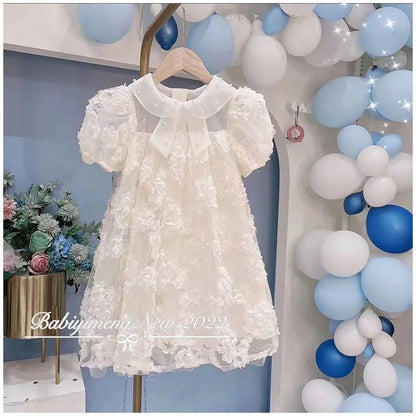 Baby Girls 3D Flowers Dress Summer Beaded Collar Princess Dress Fashion Kids Birthday Party Gown Children Clothes Vestidos 2-8 Y