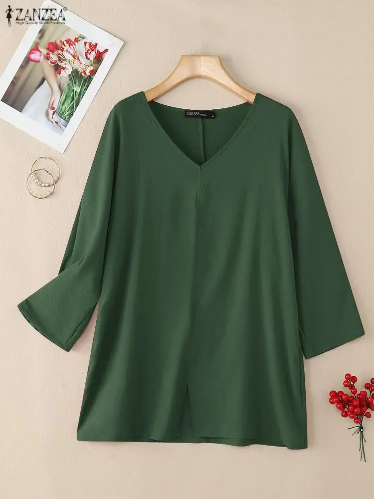 ZANZEA 2025 Autumn 3/4 Sleeve Blouses Women Casual V-Neck Solid Color Slit Hem Long Blouse Loose Everyday Wear 3 Colors S-3XL