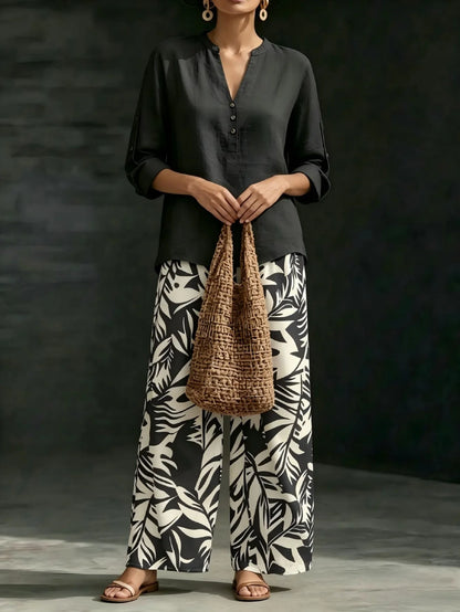 Women 2 Piece Outfit Notched V‑Neck Button Blouse Top Leaf Print Elastic Waist Wide Leg Pants Set Casual Holiday Boho Vacation Outfit With Pockets