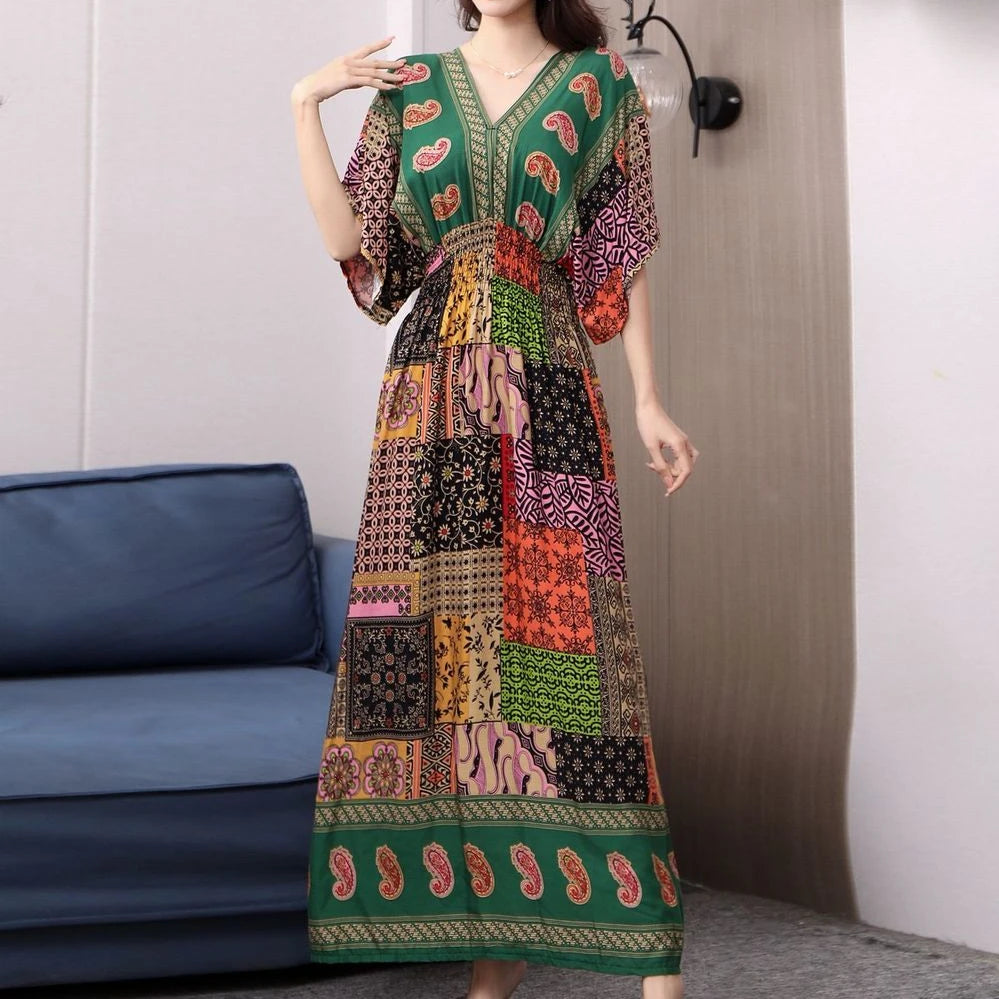 Women Bohemian Ethnic Printed Holiday Dress V-Neck Elastic Waist Casual Batswing Sleeve Mid Dress Elegant Vintage Retro Dress