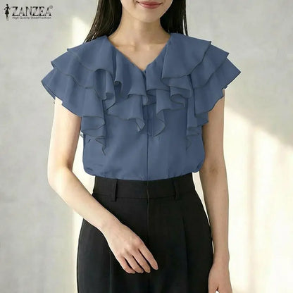 ZANZEA Women Layered Ruffles Blouses Elegant V-Neck Sleeveless Solid Color Top Summer Minimalist Casual Graceful Blusas de Mujer