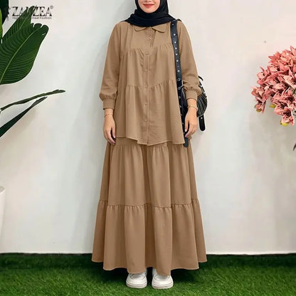 Plus Size Women Dress Sets Modest Muslim Long Sleeve Blouse Maxi Skirt ZANZEA Buttons Up Shirt Sundress Suit 2PCS Ramadan Outfit