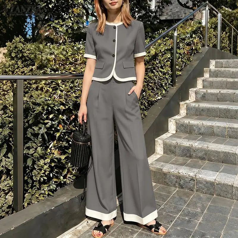 2026 Summer Outfits ZANZEA Fashion Women Pant Sets Patchwork Tracksuit Short Sleeve Shirt Wide Leg Trousers OL Work 2 Piece Sets