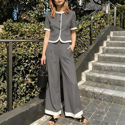 2026 Summer Outfits ZANZEA Fashion Women Pant Sets Patchwork Tracksuit Short Sleeve Shirt Wide Leg Trousers OL Work 2 Piece Sets