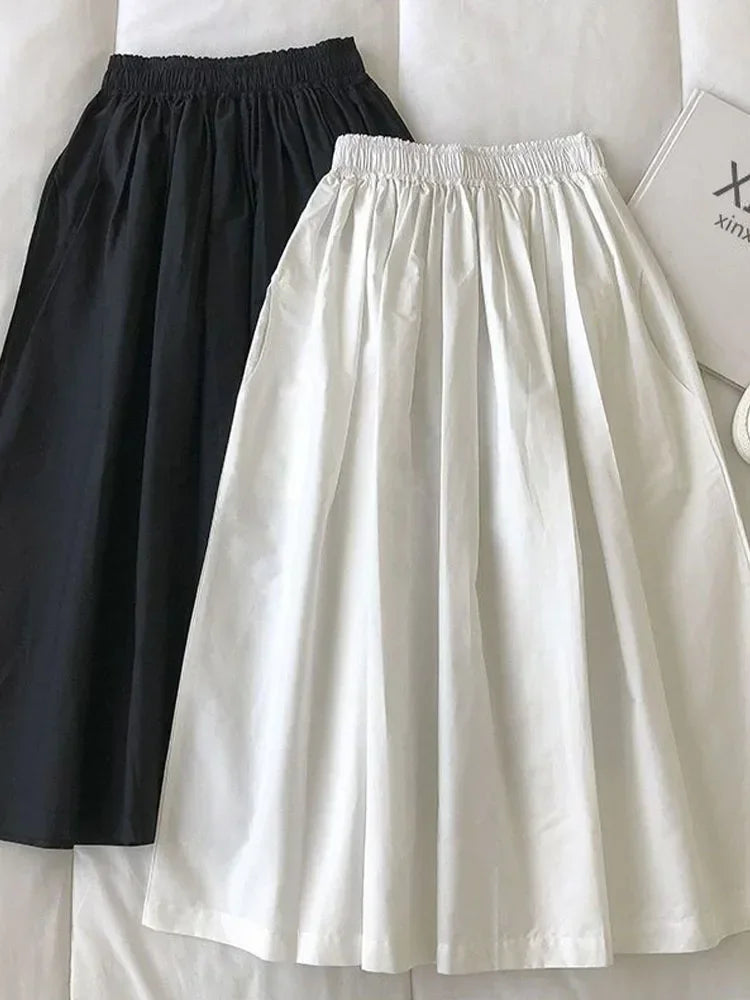 Women's White High Waist Long Skirt A-Line Knee-Length Casual Elegant with Pockets Pleated Fashion for Autumn