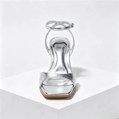 Luxury Designer Silver Heeled Sandals Women Sexy Peep Toe Patent Leather High Heels for Ladies Elegant Ankle Strap Party Shoes