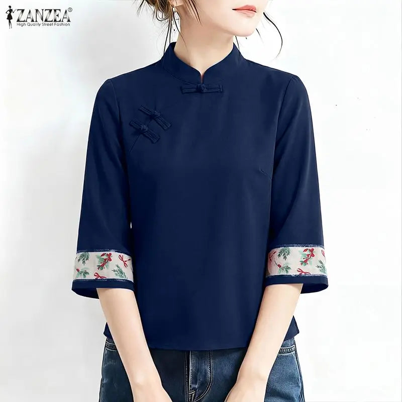 ZANZEA Vintage Blouses for Woman Frog Buttons Mandarin Collar Printing Patchwork 3/4 Sleeves Tops Elegant Retro Blusas de Mujer