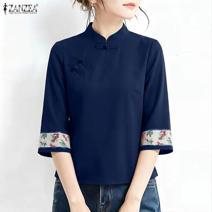 ZANZEA Vintage Blouses for Woman Frog Buttons Mandarin Collar Printing Patchwork 3/4 Sleeves Tops Elegant Retro Blusas de Mujer