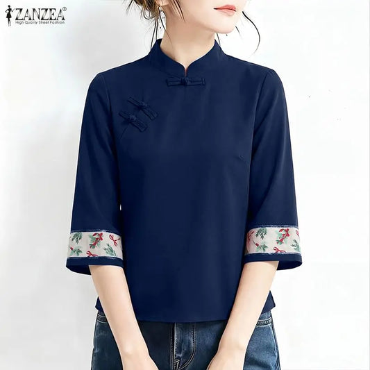 ZANZEA Vintage Blouses for Woman Frog Buttons Mandarin Collar Printing Patchwork 3/4 Sleeves Tops Elegant Retro Blusas de Mujer